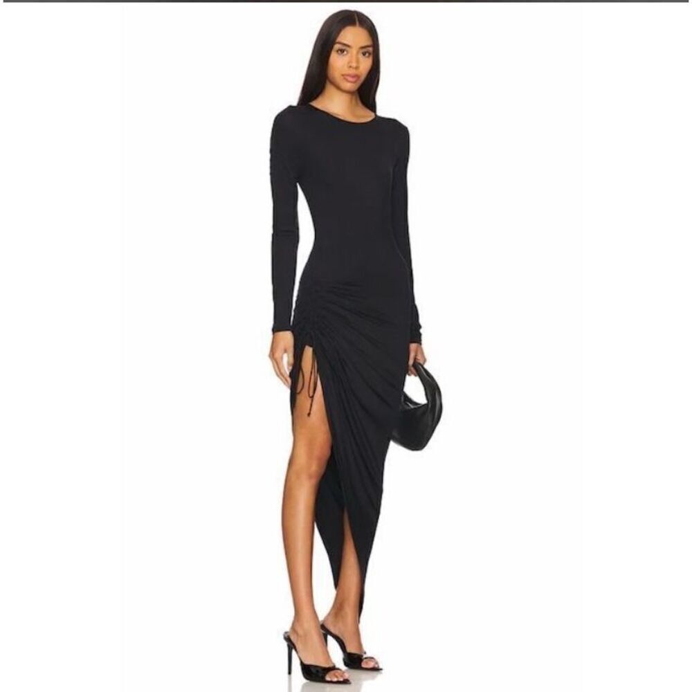 OW Collection Size M Delilah Long Sleeve Midi Dress Black High Slit Eveningwear